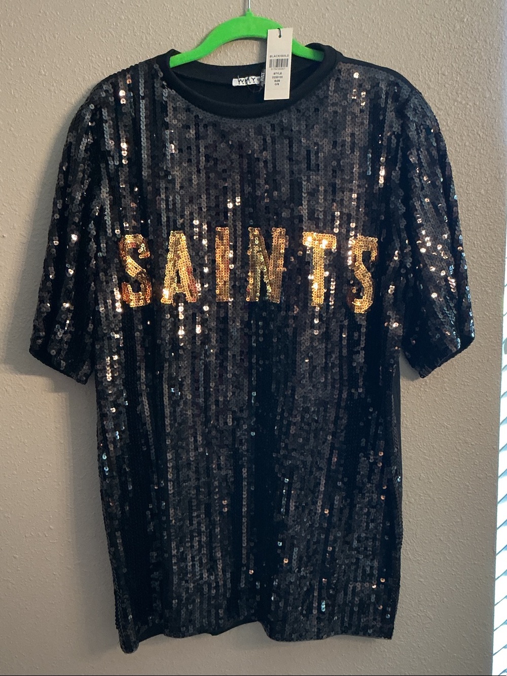 Black Sequin Mini Dress with Gold 'SAINTS' Lettering